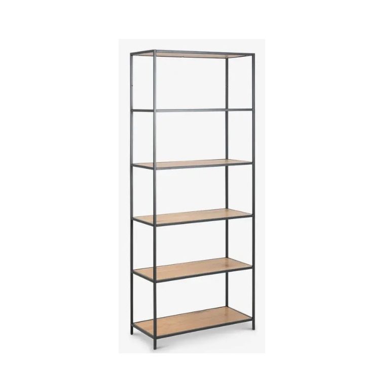 Reol i sortlakeret metal stel, med ‘træhylder’, h:185 b:77 d:35 cm